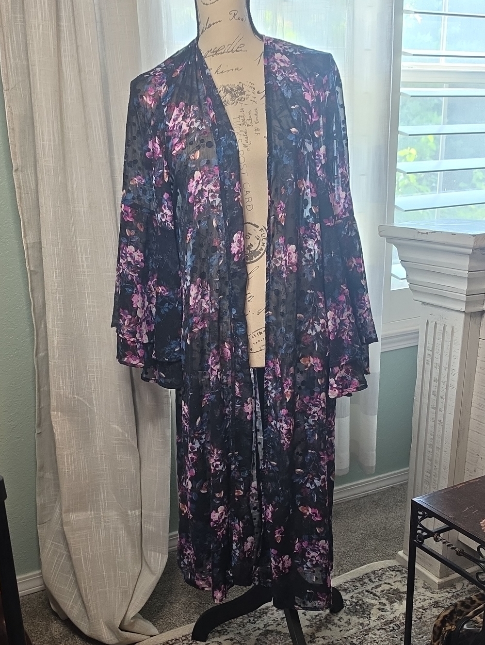 torrid Black Floral Sheer Kimono Set with Purple and Pink Blooms